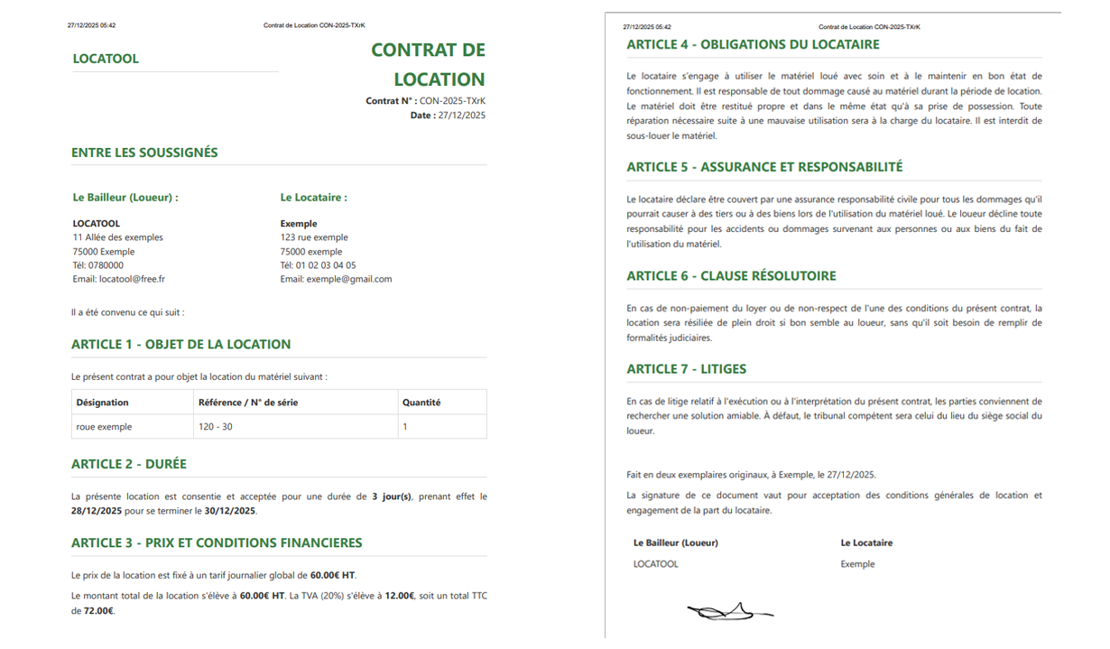 Contrat de location sur Locatool