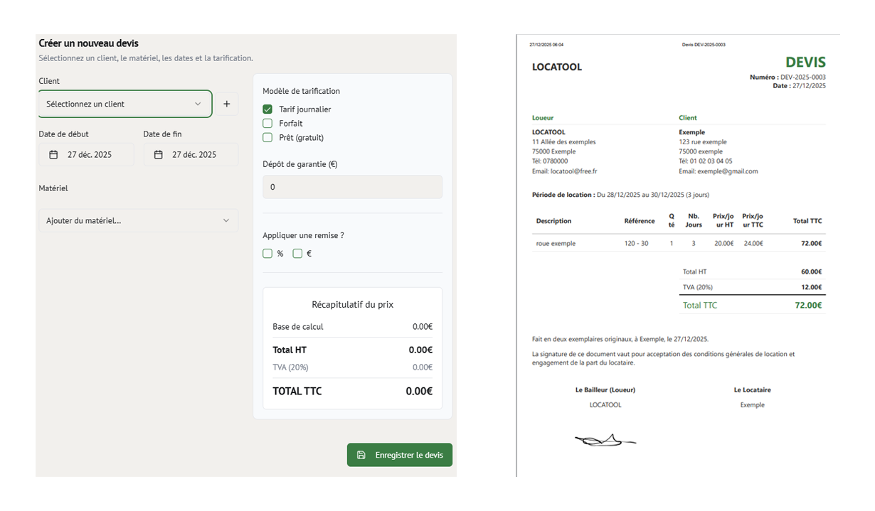 Formulaire de devis de Locatool