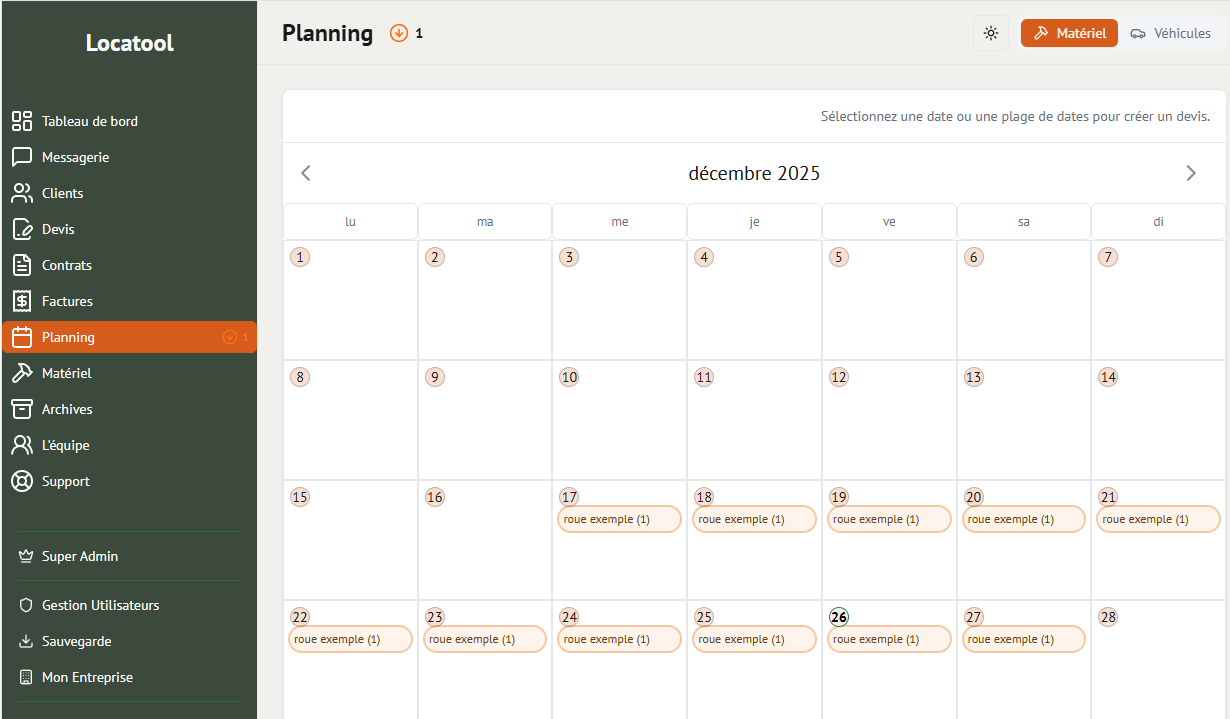 Planning de location de Locatool